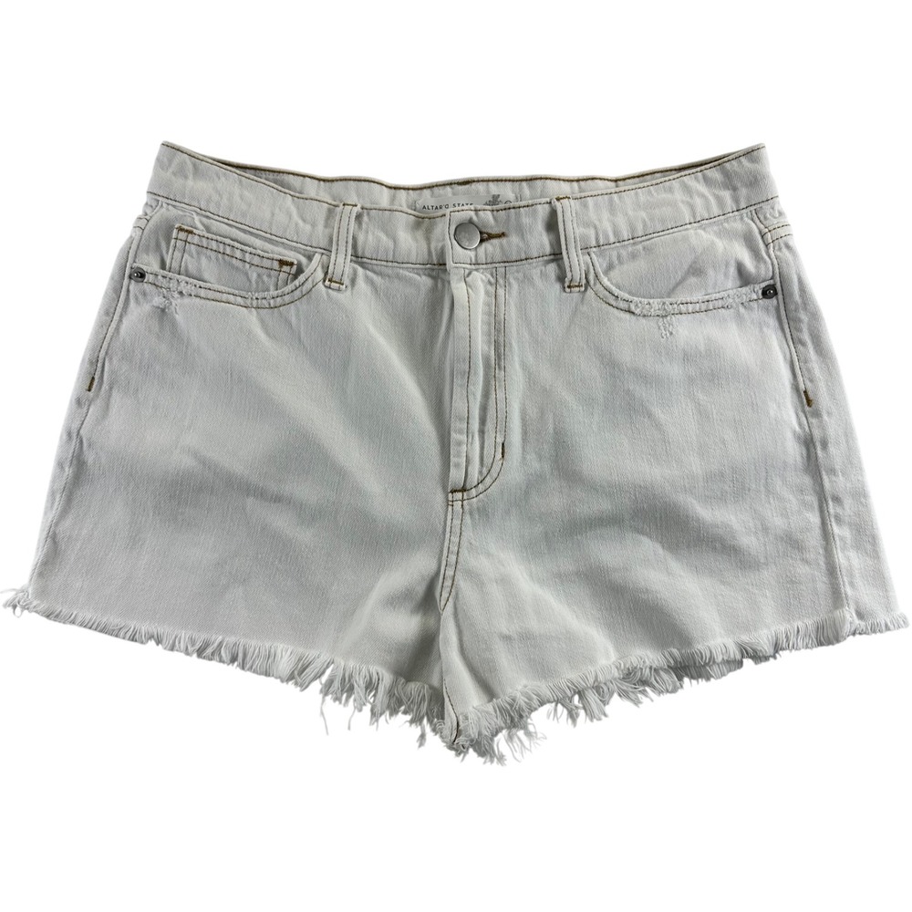 Altar'd State White Distressed High Rise Frayed Denim Shorts Size 30 SP-S7575-AT